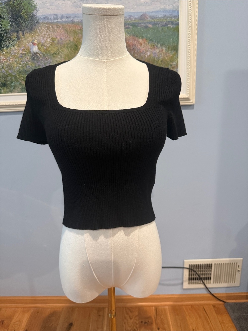 Madewell Black Ribbed Square-Neck Short-Sleeve Crop